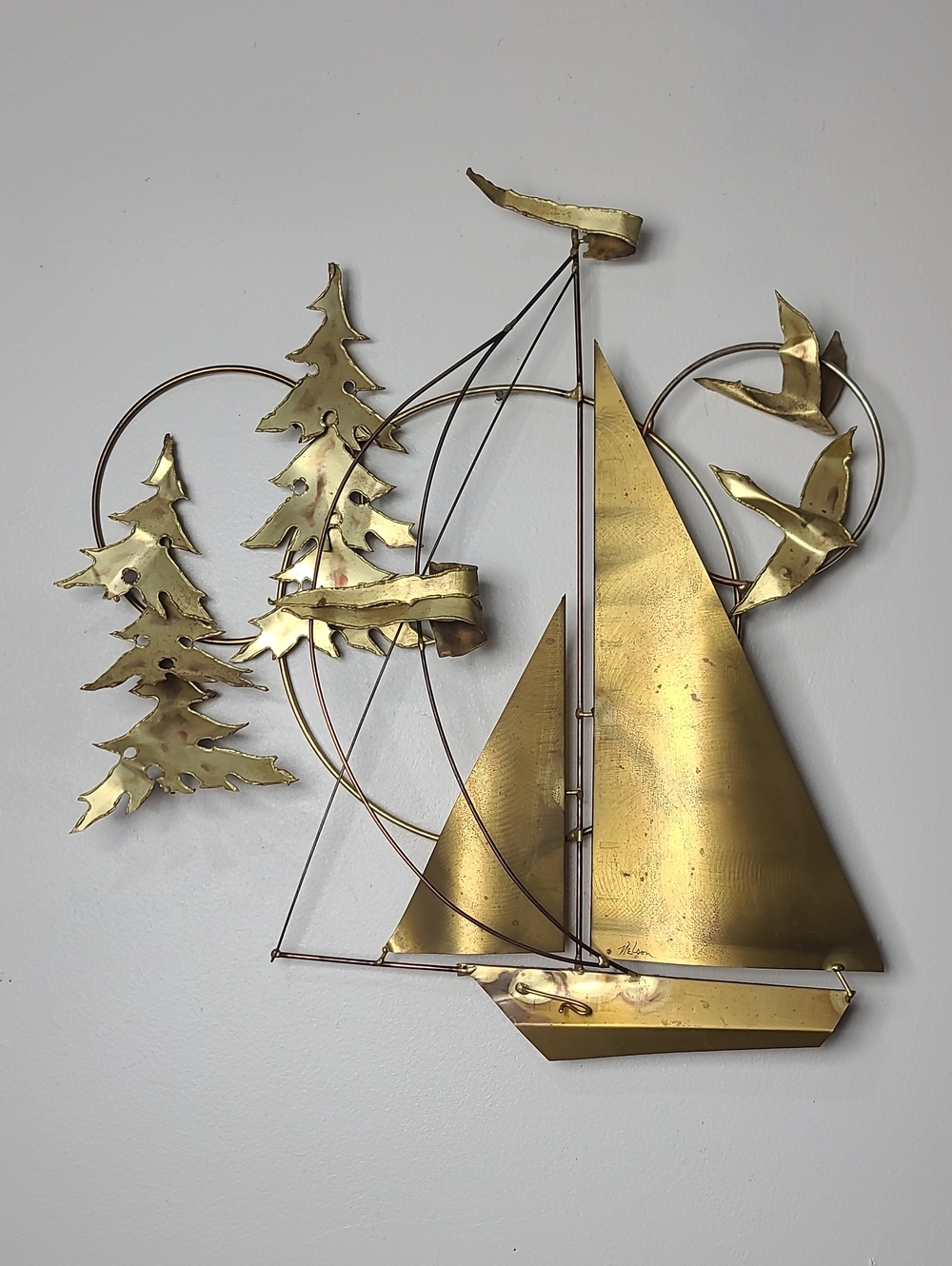 Vintage MCM Nelson Brutalist Coastal Coastline Brass Sailboat Wall Art Nautical